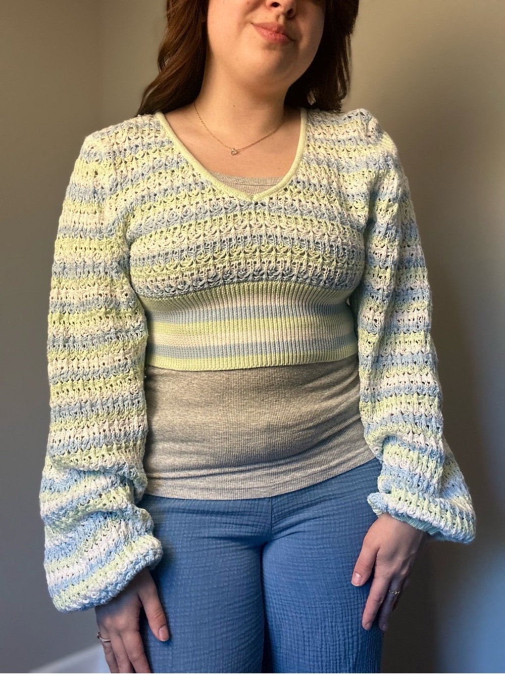 Altar’d State Blue & Green Pastel Striped Crochet Cropped V-Neck Sweater Size M